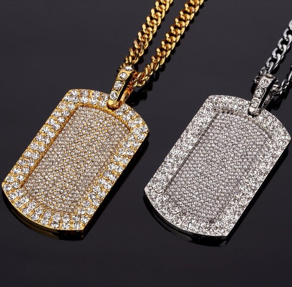 Mens Hip Hop Iced Silver Gold Double Dog Tag Chain Crystals Pendant  Necklace 805