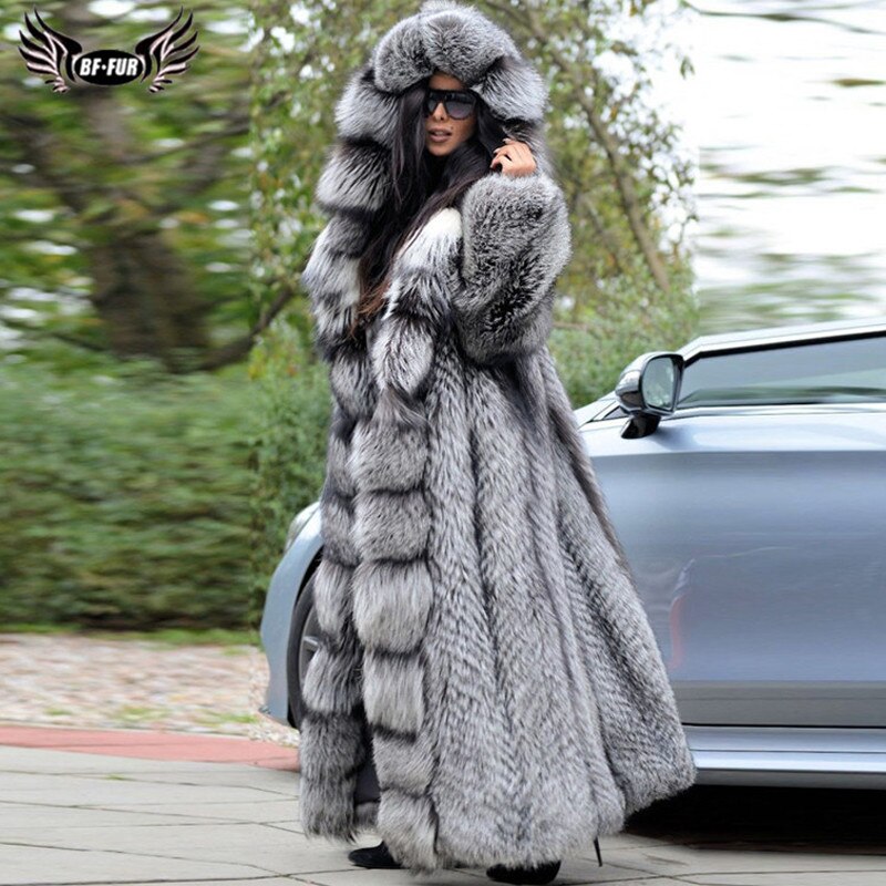 80cm Women Fashion Real Full Pelt Fox Fur Hood Coats Genuine Thick Fur  Jackets